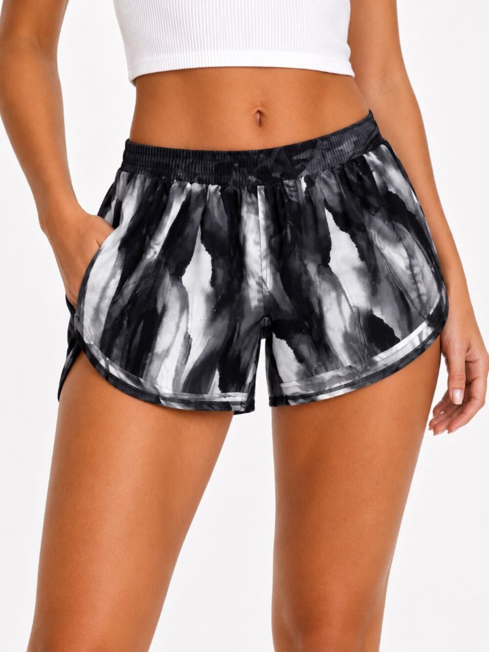 CALIA by Carrie Underwood Gray Black Marble-Effect Athletic Shorts Size Medium